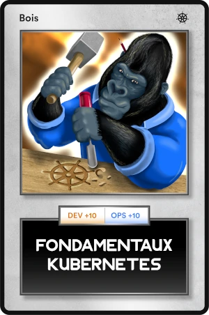 Une carte à jouer avec un monkey mascotte d'Enix qui façonne le logo de la technologie kubernetes dans du bois